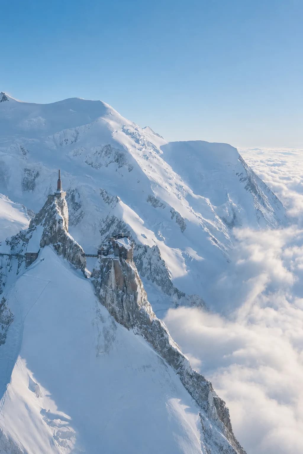 Snow-covered Alpine peaks above the clouds